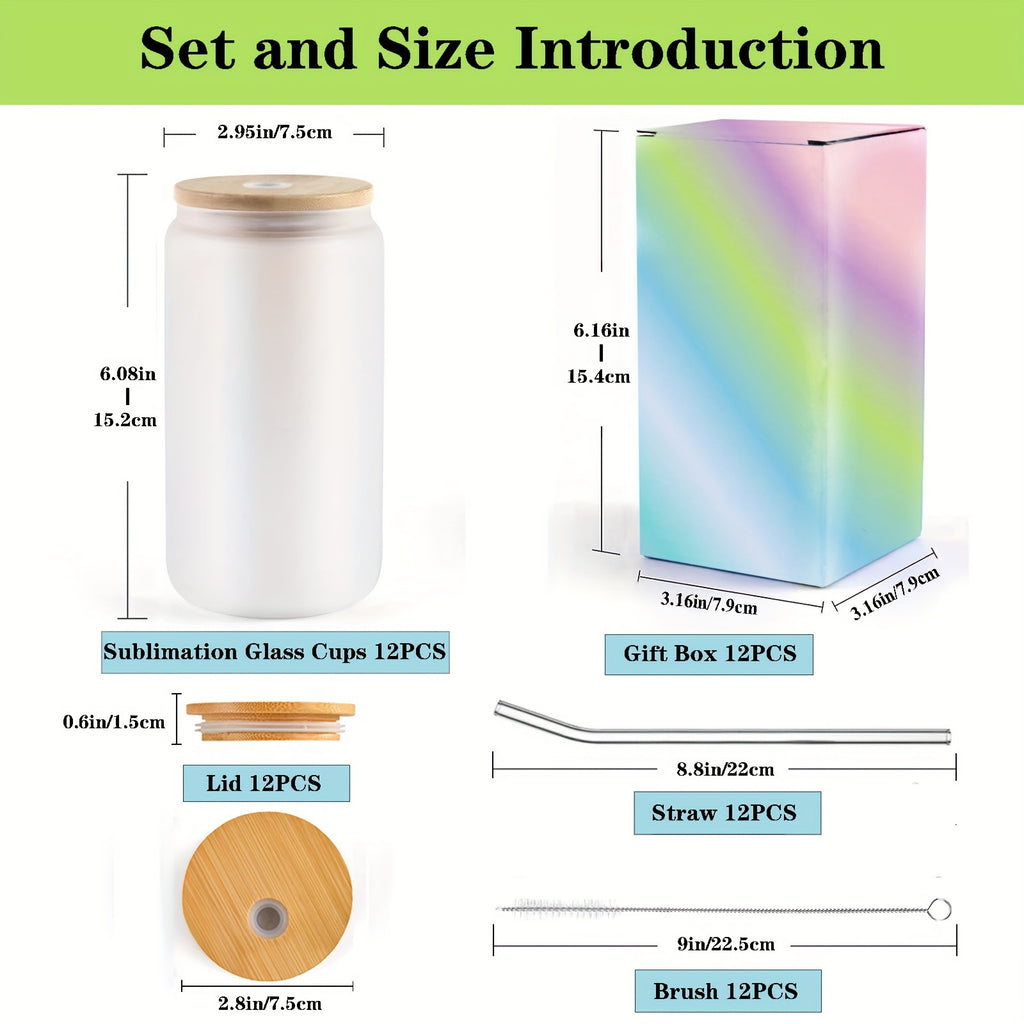 Sublimation Glass Tumbler Bulk Set 12 Pack with Bamboo Lid Straw & Brush – 16oz Clear or Frosted Cups for DIY Crafts, Parties & Everyday Drinking