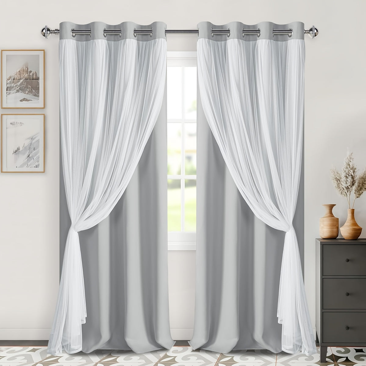Double Layer Blackout Curtains with Sheer Overlay 2 Panels - Grommet Top Thermal Insulated Mix & Match Window Drapes with Tiebacks for Bedroom Living Room, All Season