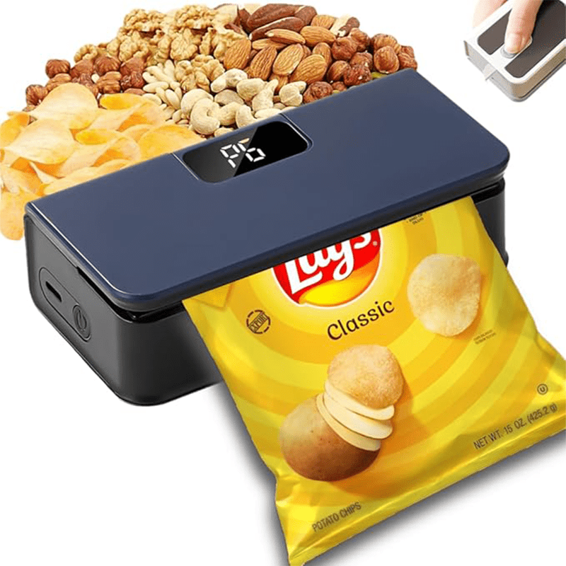 Mini Bag Sealer USB Rechargeable with Built-In Cutter, 6-Level Heat Portable Food Sealer for Chips, Snacks, Fruits & Veggies — Compact Kitchen & Picnic Gadget, White & Blue