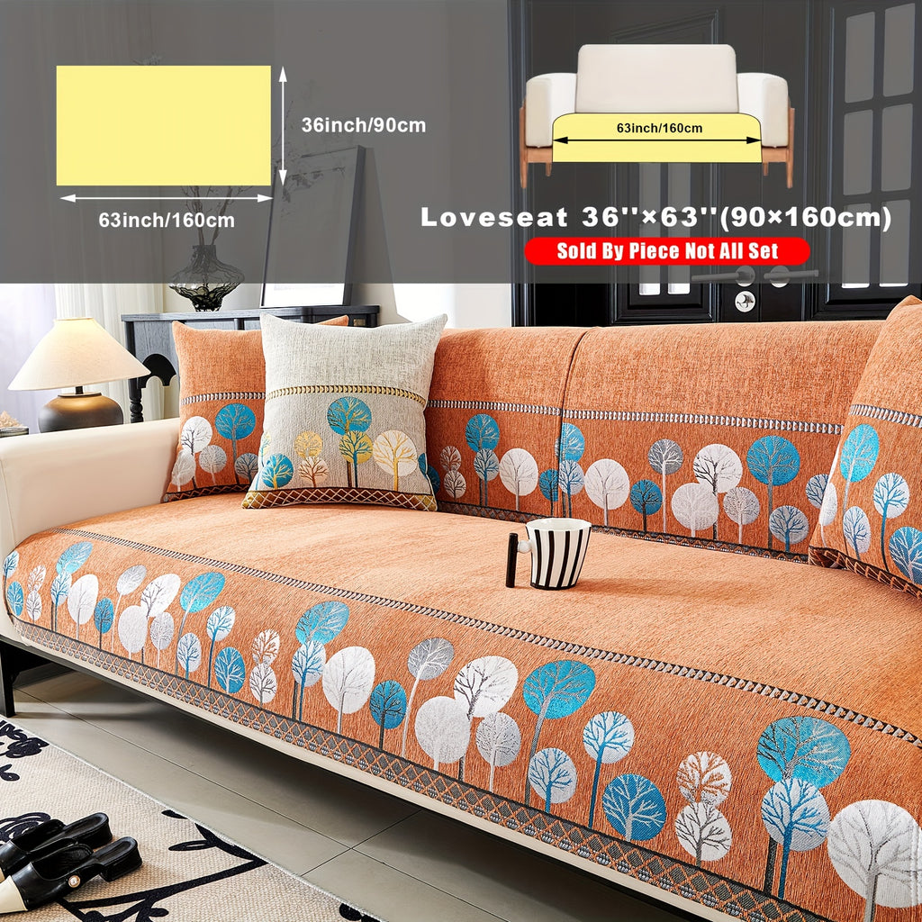 Bohemian Chenille Sofa Cover Tree Embroidery Print Thick Non-Slip Pet Friendly One-Piece Couch Protector Armchair Loveseat 3 4 Seater