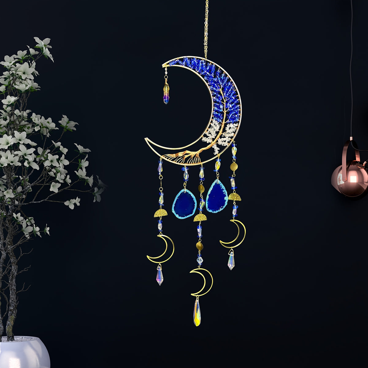 Handmade Moon Agate Tree Hanging Ornament – Boho Suncatcher Crystal Wall Decor | Birthday, Christmas & Holiday Gift for Mom, Friends & Her