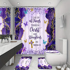Christian Bible Verse Shower Curtain Set 4 Piece with Hooks Anti-Slip Toilet U-Shaped Pad & Lid Cover – Inspirational Faith Bathroom Decor Gift