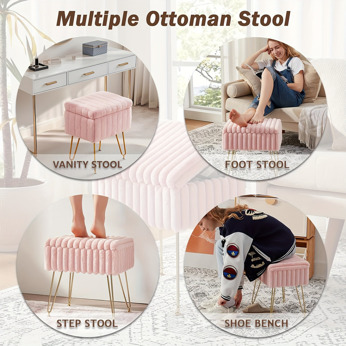 Vanity Chair with Storage PU Leather Makeup Stool Shoe Changing Ottoman Dual Purpose Seat 4 Gold Metal Legs Bedroom Living Room Study Cream White Black Pink Purple