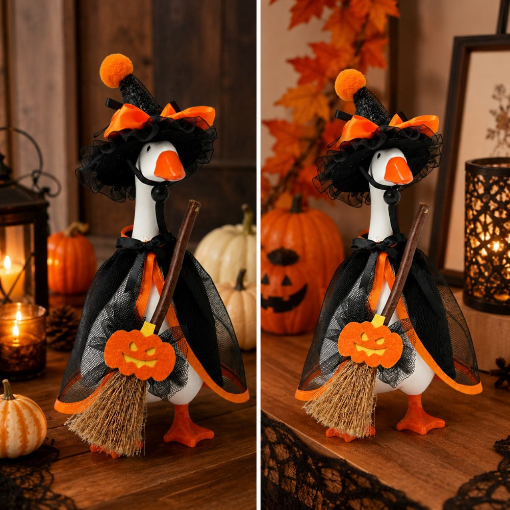 Witch Goose Dress-Up Set 4 Piece – 7-Inch Halloween Goose Statue Costume with Black Mesh Cape, Hat, Lining & Pumpkin Broom | Tabletop Goose Decor Outfit for Indoor & Porch Decoration