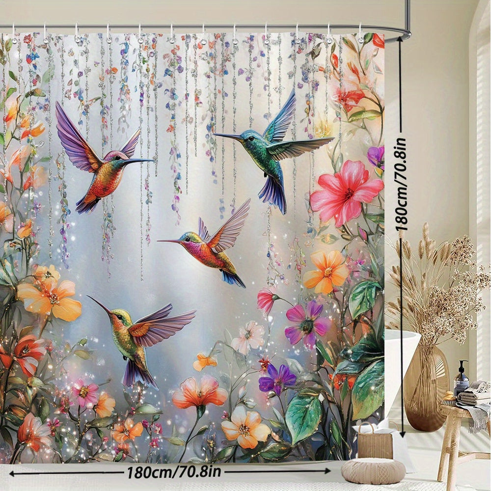 Hummingbird Floral Shower Curtain 70x70 Inch – Vibrant Iridescent Pink Orange Purple Flowers Polyester Fabric Machine Washable Nature Lover Bathroom Decor