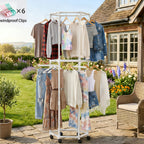 360° Rotating Clothes Rack with Wheels Heavy Duty Metal Hexagonal Garment Organizer for Bedroom Closet Laundry Room