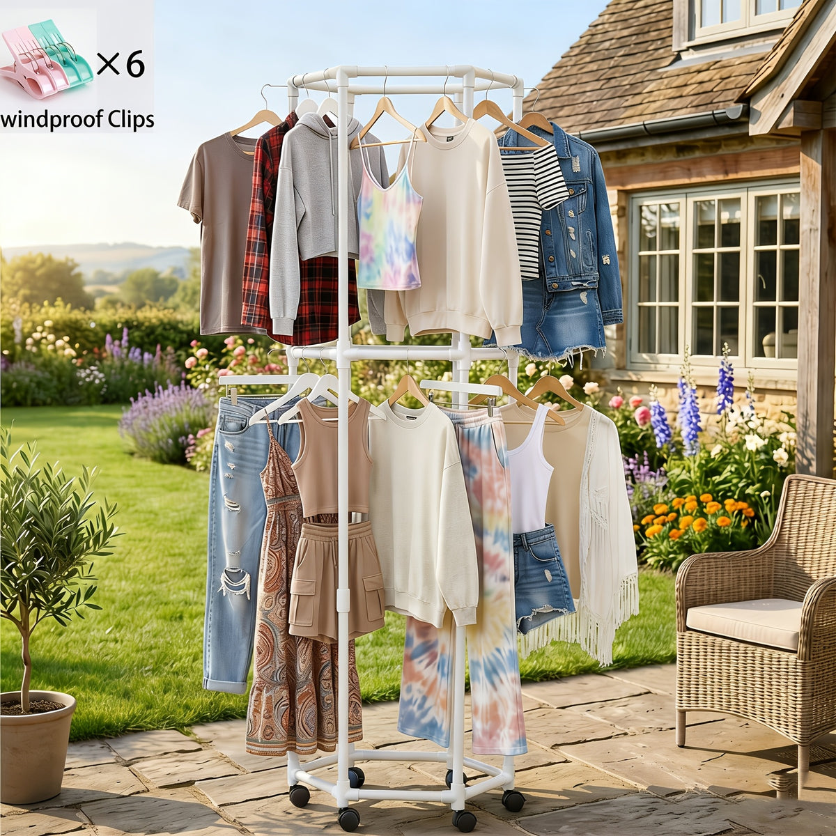 360° Rotating Clothes Rack with Wheels Heavy Duty Metal Hexagonal Garment Organizer for Bedroom Closet Laundry Room