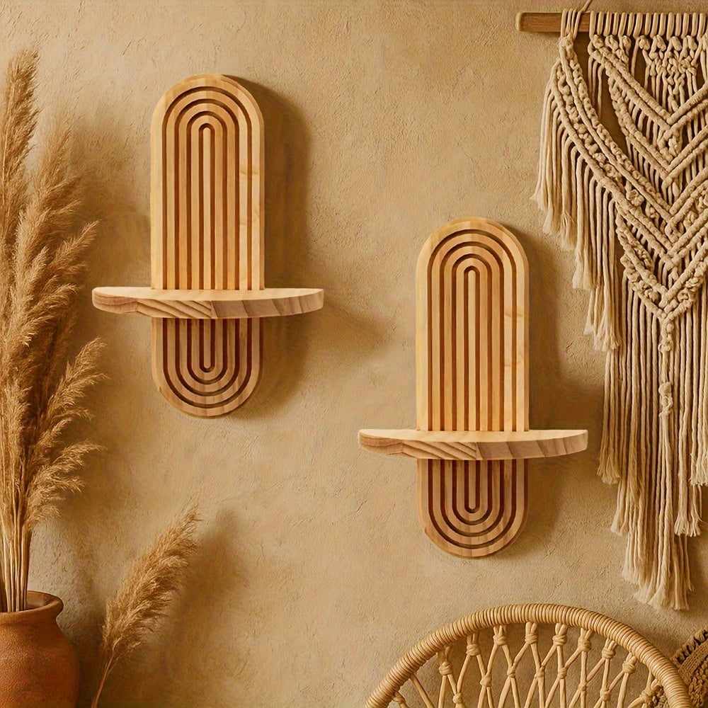 Boho Wooden Small Wall Rack Set of 2 – Hanging Storage Shelf for Bathroom, Bedroom, Living Room & Kitchen Decor Organization