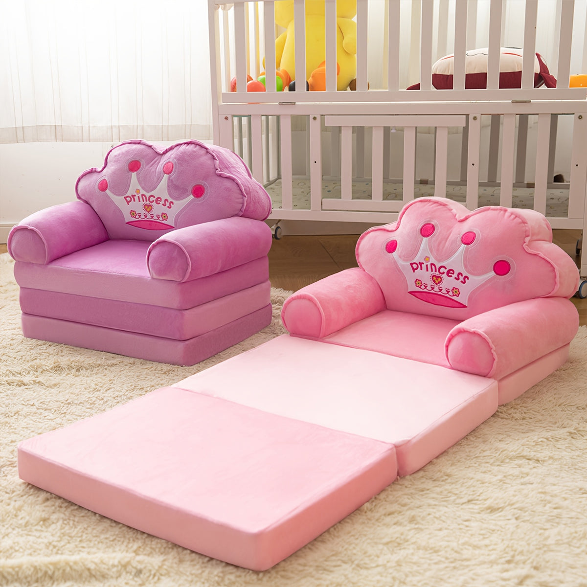 Flip Open Kids Sofa with Princess Crown Design – 2-in-1 Foldable Couch & Lounger Chair, Machine Washable Plush Cover, Certified Safe Foam, Dreamy Reading Nook Gift for Girls