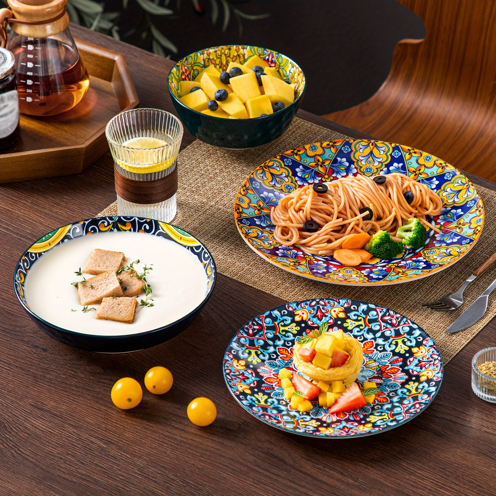 Bohemian Ceramic Dinnerware Set 16 or 24 Piece Stoneware Plates Bowls Tableware Colorful Floral Service for 4 or 6