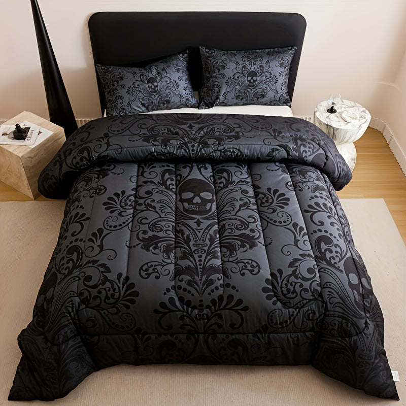 Skull Quilt Set 3 Pcs – Black & Gray Digital Print Comforter with 2 Pillowcases, 180GSM Soft Breathable Bedding for Twin Full Queen King Dorm & Bedroom Decor