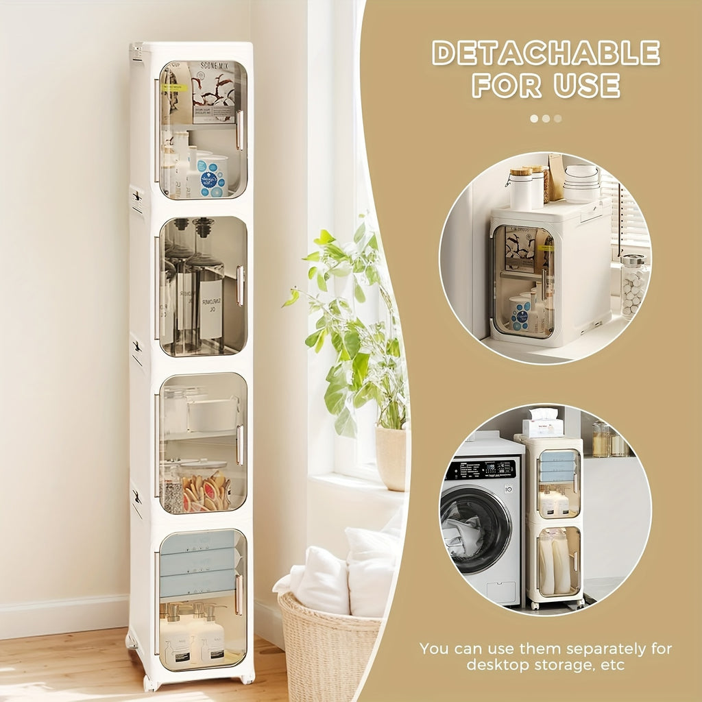 Bathroom Storage Cabinet 1 2 3 4 Tier Foldable Plastic Organizer with Doors and Shelves – Space-Saving Under Sink & Counter Solution