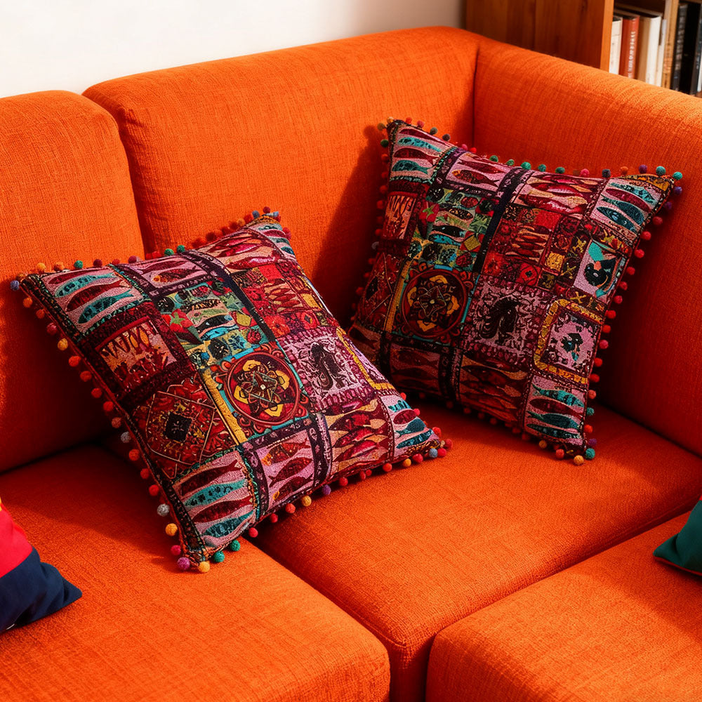 2-Pack Turkish Moroccan Throw Pillows with Inserts Reversible Floral Boho Decorative Pillow 18x18 Inch Polyester Square Cushion Zip Cover for Sofa Couch Bedroom Living Room 7 Colors