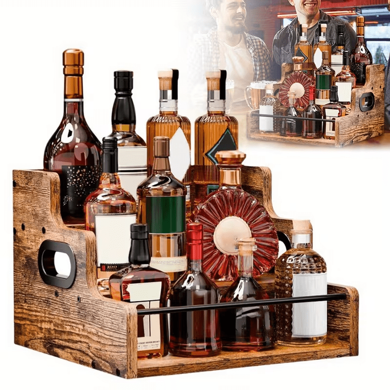 3-Step Solid Wood Liquor Bottle Display Shelf Countertop Wine Rack Bar Organizer for Whiskey Spirits Coffee Syrup Spice Bottles Home Bar Kitchen