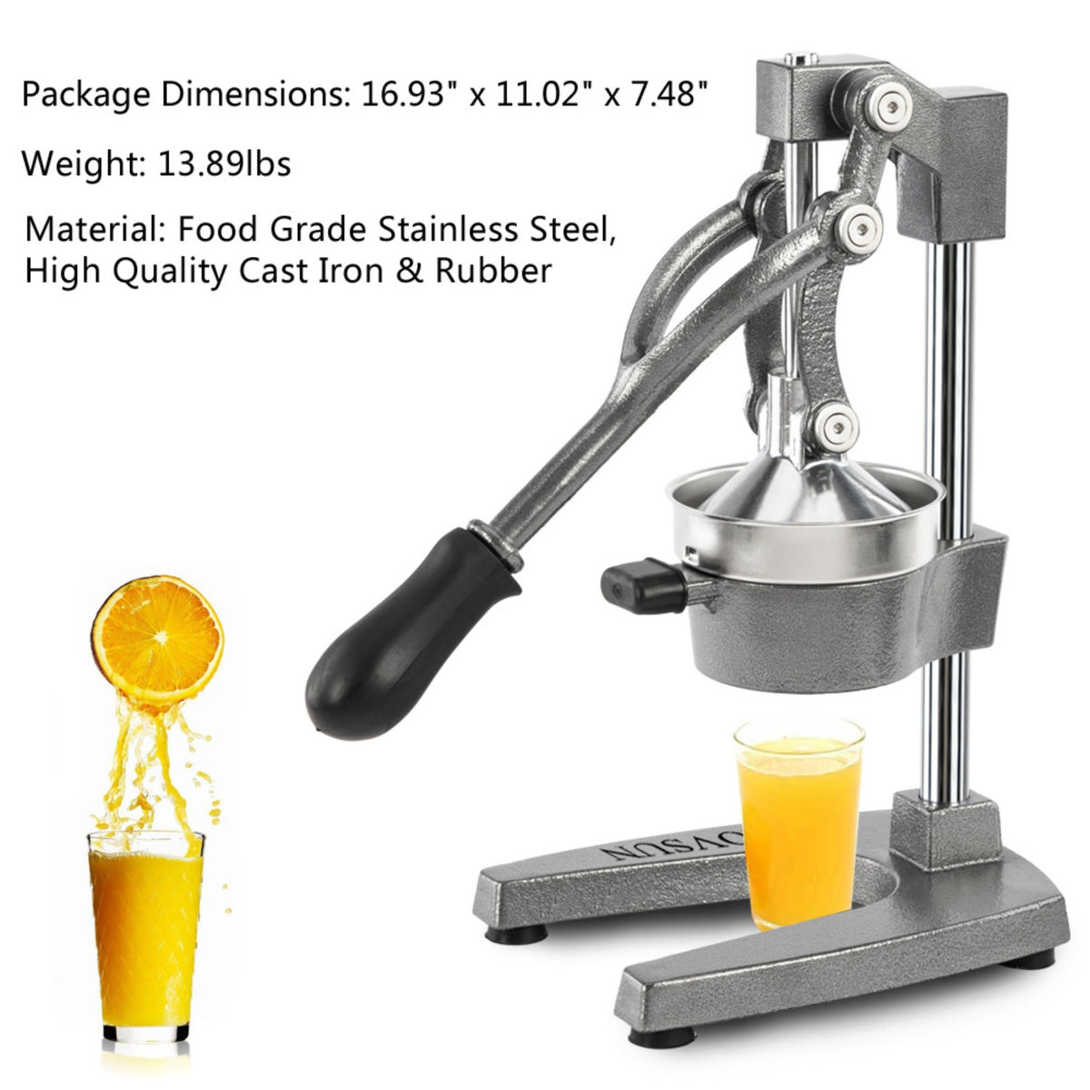 Manual Citrus Juicer Heavy Duty Cast Iron Hand Press Juice Squeezer for Orange Lemon Lime Pomegranate - Commercial Grade Fruit Juicer with Safety Lock & Stainless Steel Strainer