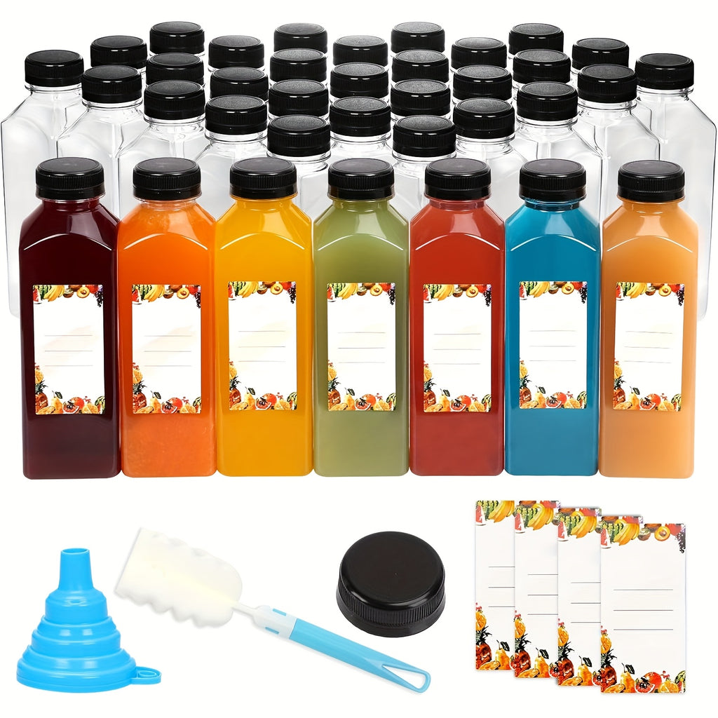 16oz Plastic Juice Bottles with Caps Bulk Set - Reusable Clear Beverage Containers with Lids for Juice Smoothies Milk Refrigerator Storage