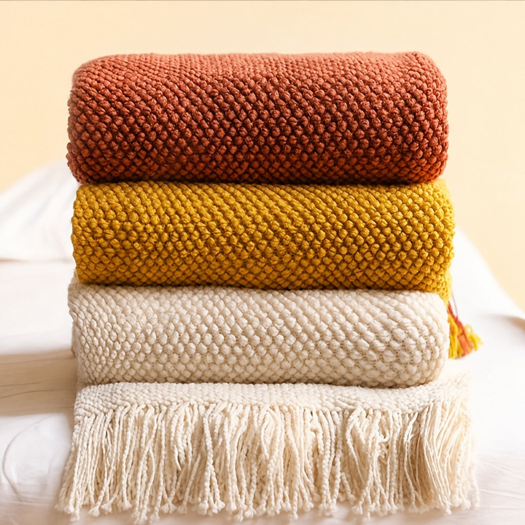 Acrylic Tassel Popcorn Texture Throw Blanket Soft Cozy for Sofa Bed Gift 8 Colors