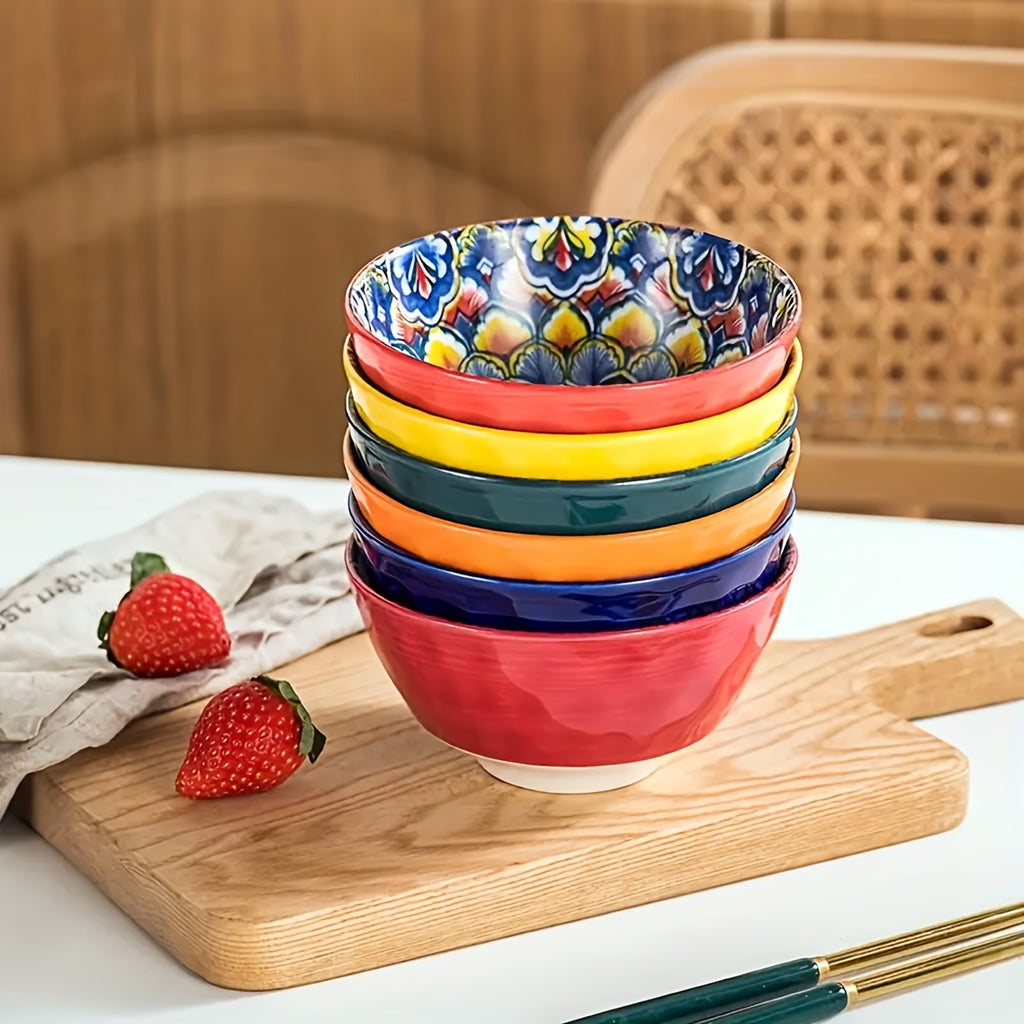 Bohemian Mandala Ceramic Bowl Set 6 Piece Mediterranean Style Colorful Paisley Tableware Microwave Safe Soup Dessert Noodle Salad Bowls for Family Gatherings
