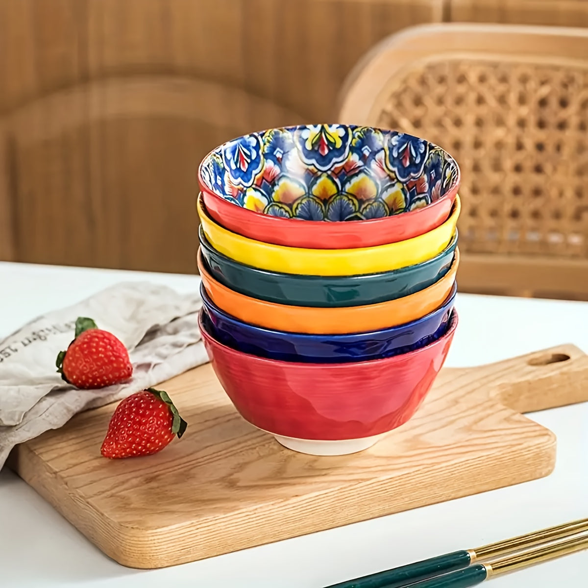 Bohemian Mandala Ceramic Bowl Set 6 Piece Mediterranean Style Colorful Paisley Tableware Microwave Safe Soup Dessert Noodle Salad Bowls for Family Gatherings