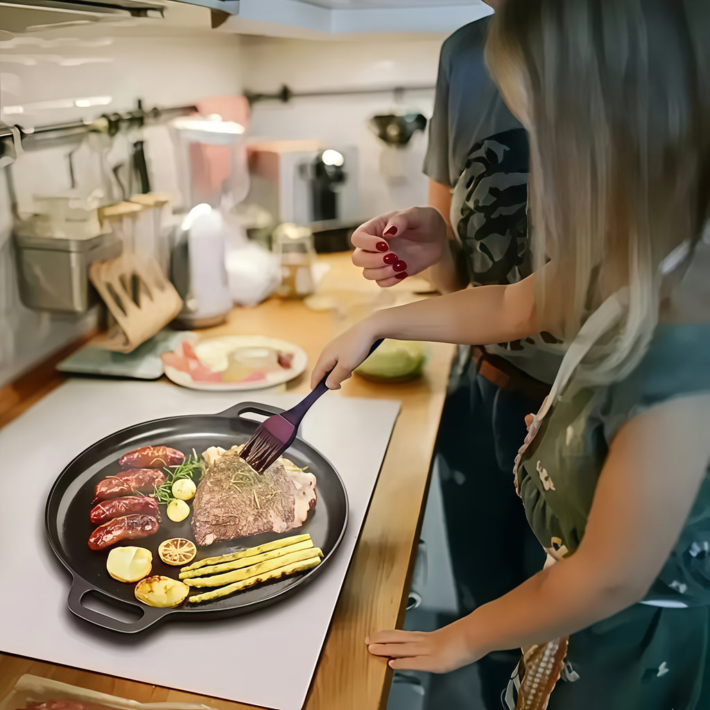 Pre-Seasoned Cast Iron Skillet 14 Inch Dual Loop Handles Nonstick Pizza Pan BBQ Pancake Griddle Oven Stovetop Grill Campfire Safe Even Heating