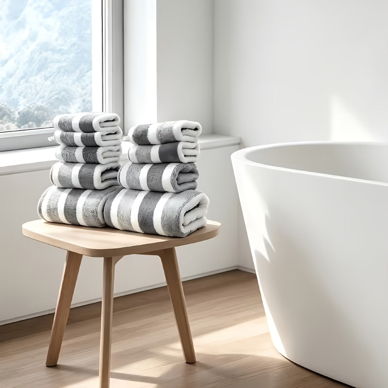 Classic Striped Bath Towel Set – 9 or 15 Piece No-Hair-Loss Super Absorbent Two-Color Towel Bundle | Large Bath Towels, Face Towels & Hand Towels for Bathroom & Beach