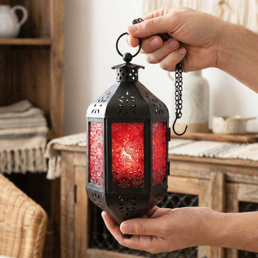 Moroccan Hanging Candle Lantern with Chain – Vintage Boho Style Iron & Glass Tealight Holder for Home, Patio, Garden, Wedding & Ramadan Decor (23.5" Overall)