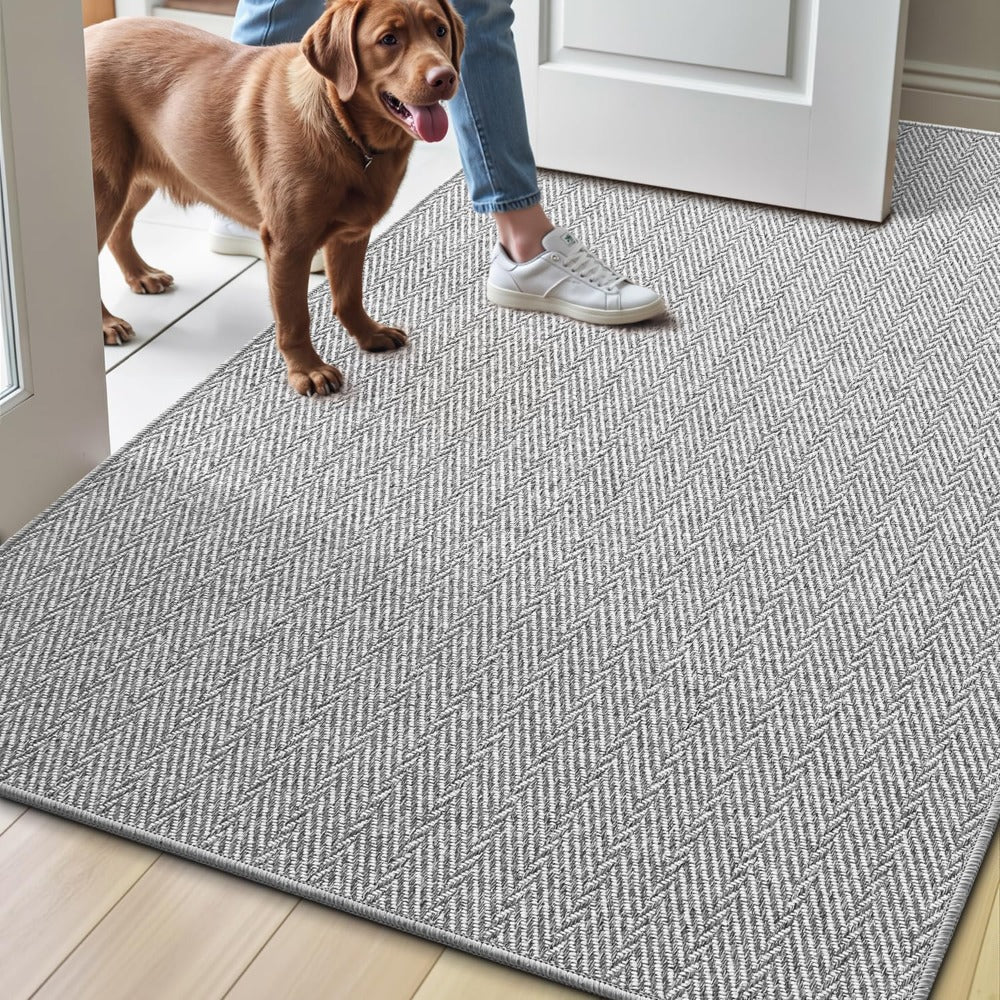 Non-Slip Doormat Low Profile Indoor Outdoor Entry Mat Dirt Trapper – Front Door, Entryway, Patio, Porch & Garage Rug, 4 Sizes, Beige & Grey