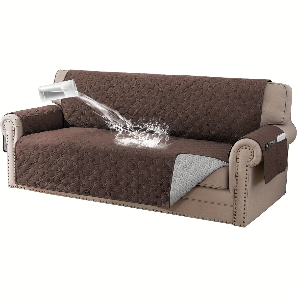 Liquid-Resistant Sofa Cover with Pocket, Geometric Pattern Couch Slipcover Furniture Protector for Pets, Washable Thick Soft 1 2 3 4 Seat Sizes Chair Loveseat Sofa