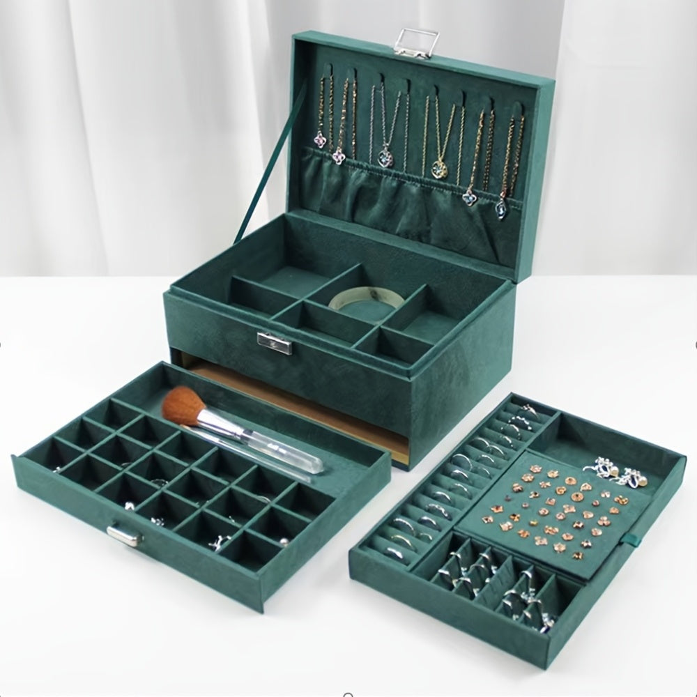 Luxury Velvet Jewelry Organizer Box with Drawers – Large Capacity High-End Jewelry Storage Case for Earrings, Rings, Necklaces & Bracelets, Travel Jewelry Box