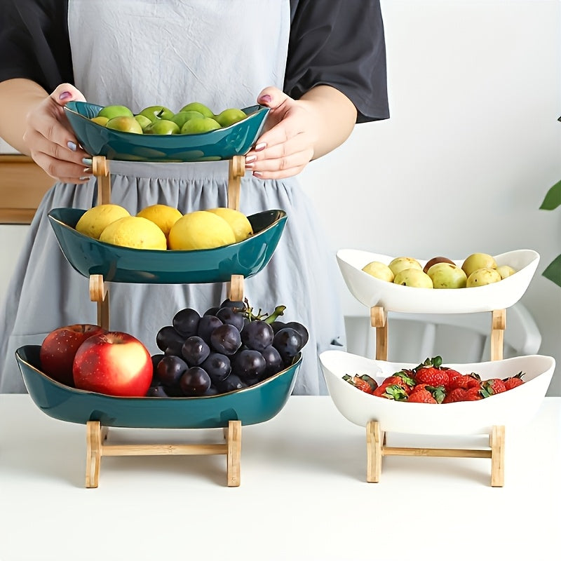 Tiered Fruit Basket Stand 2 or 3 Layer Nordic Style Fruit Bowl Wooden Plastic Snack Tray Kitchen Counter Organizer for Home Dining Table Storage