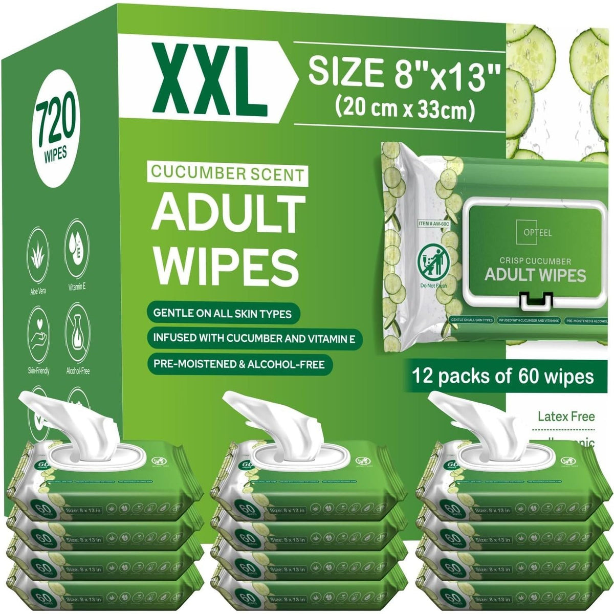 Adult Body Wipes Extra Large 8x13 Inch 720 Count 12 Packs Soft Cucumber Scent Disposable Bathing Wipes Aloe Vera Vitamin E for Elderly Seniors Incontinence Care