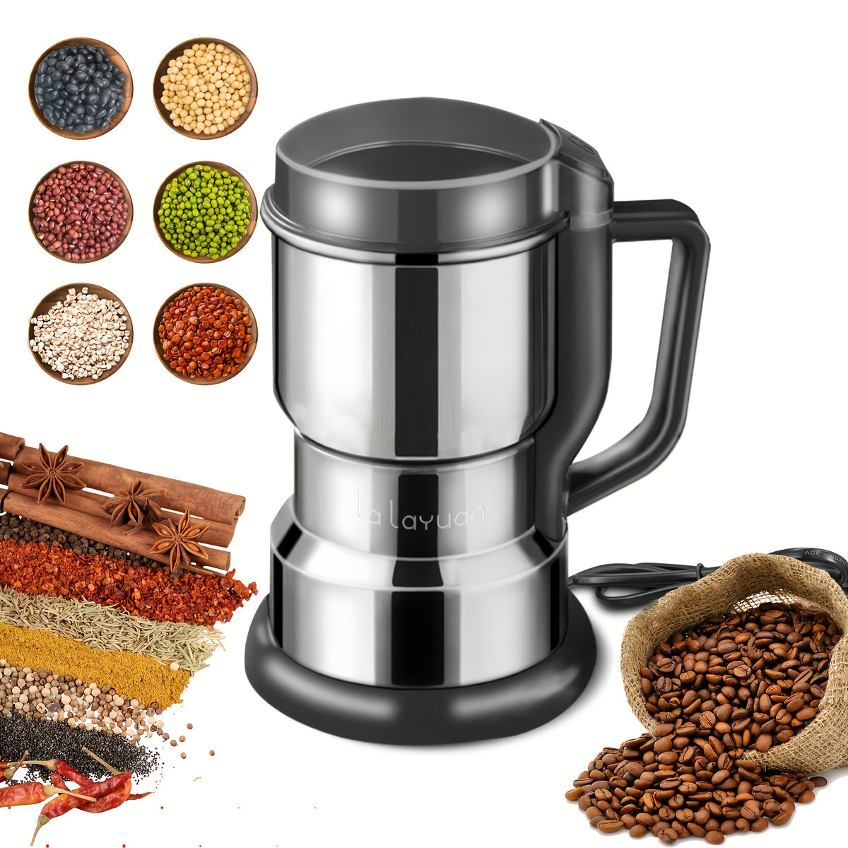 Electric Coffee Bean Grinder 300W 400g/14oz, 8-Blade Stainless Steel, One-Touch Button, Grinds Up to 36 Cups in 10 Seconds – Also for Spices, Grains & Nuts