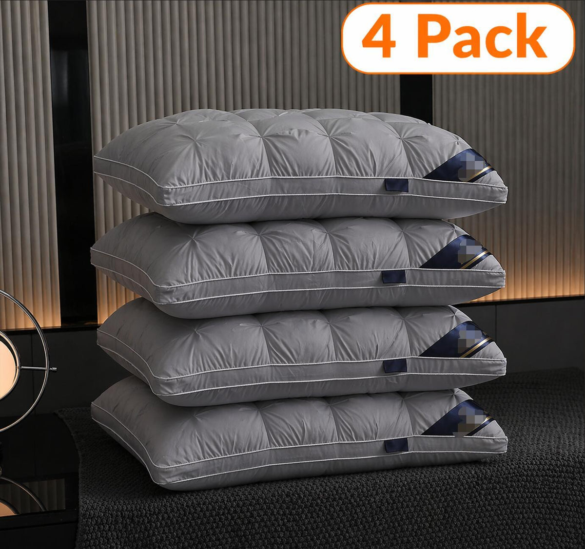 Hotel Quality Bed Pillows - Luxury Soft Polyester Fiber Satin Cover, Deep Sleep Neck Support No-Collapse, Zipper Closure Machine Washable, All-Season, 1/2/3/4-Pack White & Gray