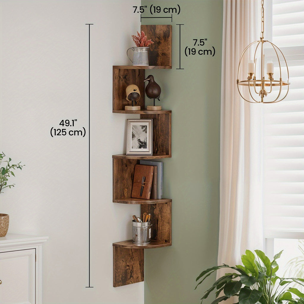 5-Tier Corner Floating Shelf Wall Mount Space-Saving Display Organizer Storage Rack for Bedroom Living Room 7.9x7.9x49.6 Inch Black White Brown