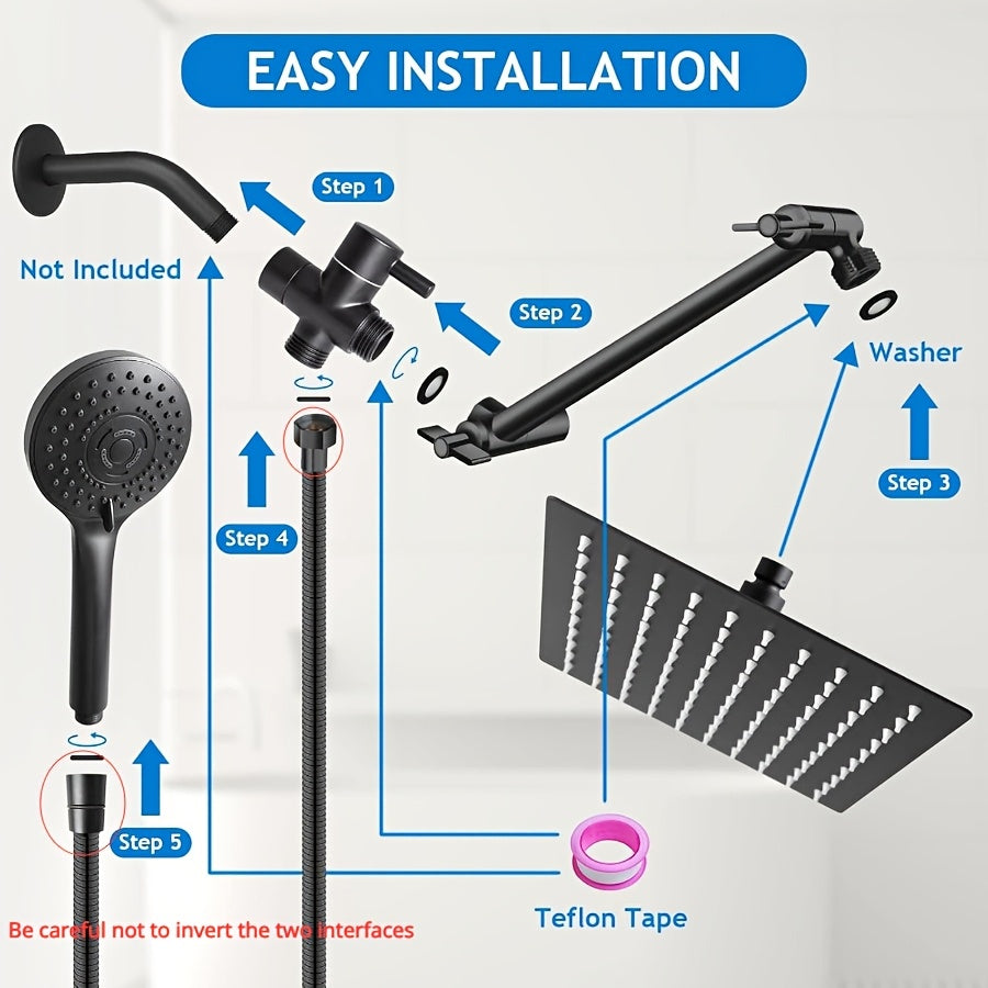 High Pressure Rainfall Shower Head & Handheld Combo 10/12 Inch Round or Square, 4-Spray Settings, 13-Inch Adjustable Arm, 78-Inch Hose & No-Drill Adhesive Holder – Chrome & Black