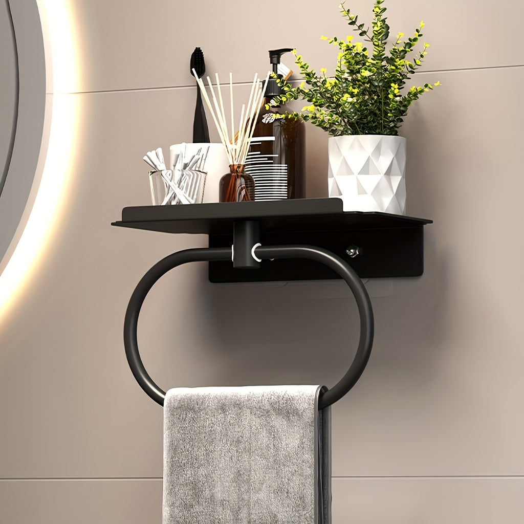 Oval Metal Towel Ring Wall Mounted – No-Drill Bathroom Organizer, Modern Matte Black Finish, Durable & Elegant Home Decor