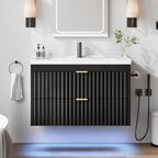 Floating Bathroom Vanity with Sink 24 Inch LED Light Wall Mounted 3-Hole Ceramic Basin Wave Line Design Soft Close Drawers for Small Spaces Black White