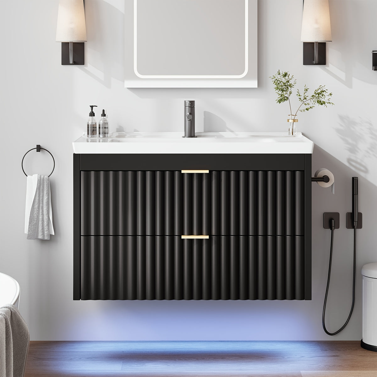 Floating Bathroom Vanity with Sink 24 Inch LED Light Wall Mounted 3-Hole Ceramic Basin Wave Line Design Soft Close Drawers for Small Spaces Black White