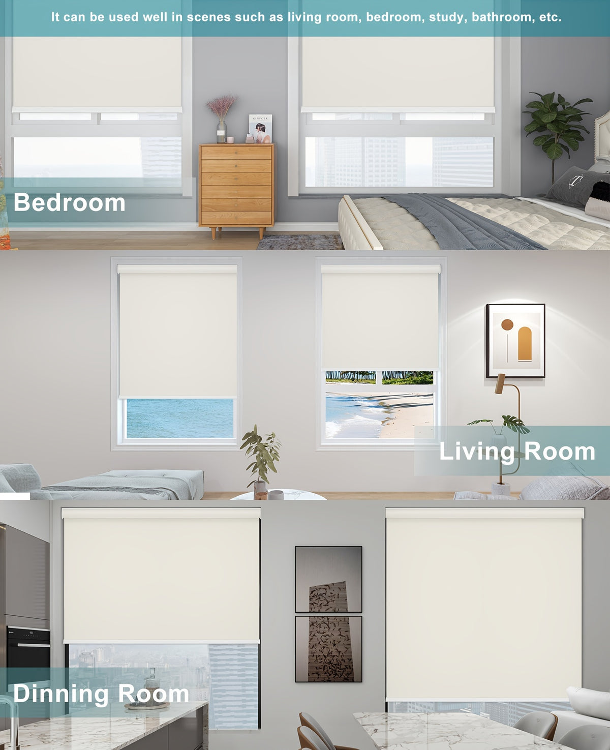 Blackout Roller Shades for Windows, Cordless Room Darkening Window Blinds, Thermal Insulated UV Protection, Easy Install for Bedroom Living Room Office