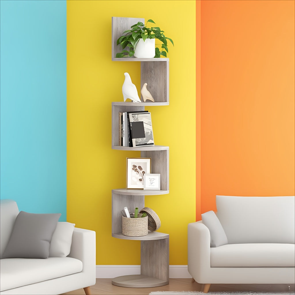 5-Tier Corner Floating Shelf Wall Mount Space-Saving Display Organizer Storage Rack for Bedroom Living Room 7.9x7.9x49.6 Inch Black White Brown