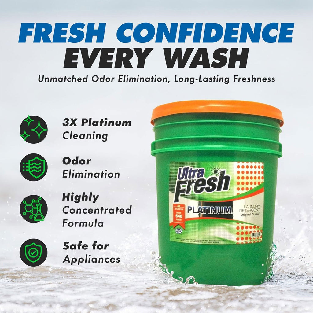 Ultra Fresh 6X Concentrated Liquid Laundry Detergent 5 Gallon with Pump, Up to 640 Loads HE Compatible All Machine Types, No Phosphates No Bleach, 4 Scent Options