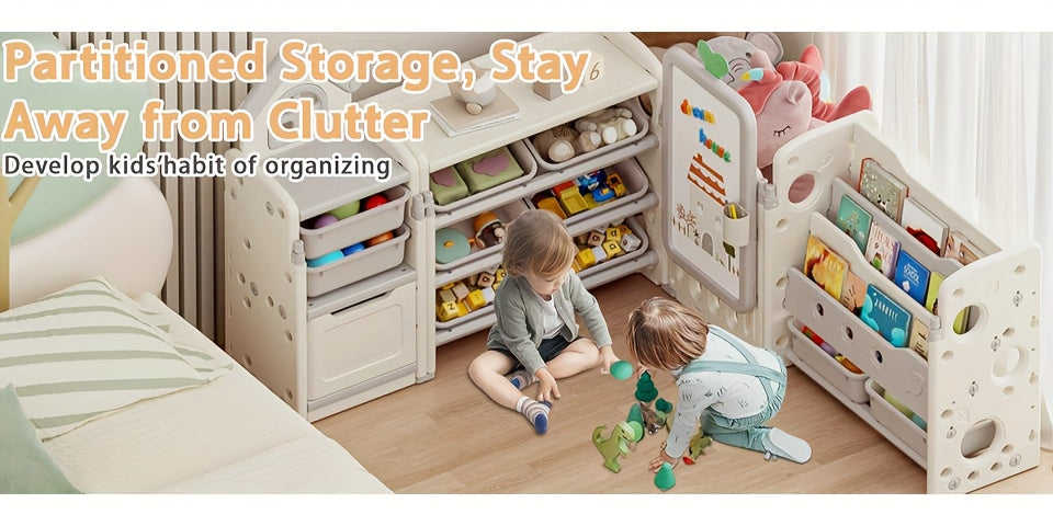 Kids Toy Storage Organizer Foldable with 10 Removable Bins, 3-Tier Bookshelf & Drawing Board – 3-in-1 / 4-in-1 Large Playroom Storage Unit for Bedroom Living Room, L-Shape or Straight, Beige Pink Blue