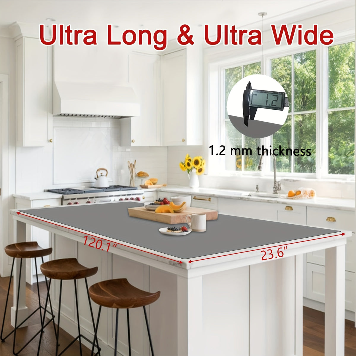 Silicone Kitchen Counter Mat Extra Large, Nonslip Heat Resistant Countertop Protector, Nonstick Waterproof Craft Mat & Table Placemat, Multi-Size in Gray, Black & Translucent