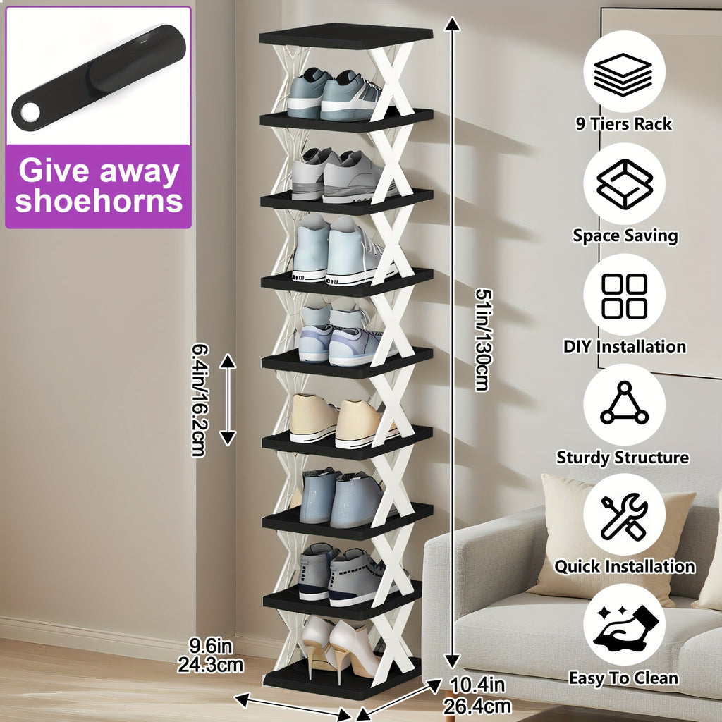 Stackable Shoe Rack Organizer 6 or 9 Tier – Plastic Vertical Shoe Shelf for Entryway, Hallway, Bedroom & Closet, Holds 6–9 Pairs, Easy Assembly, Black or White