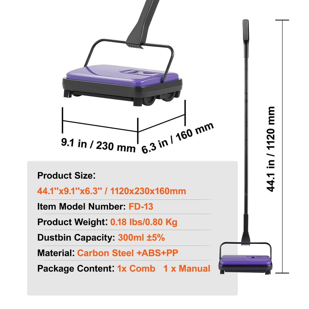 Manual Carpet Sweeper No Battery Needed 300ml Dustbin 180° Rotating Head Floor Sweeper for Carpet Hardwood Tile Pet Hair Home Office