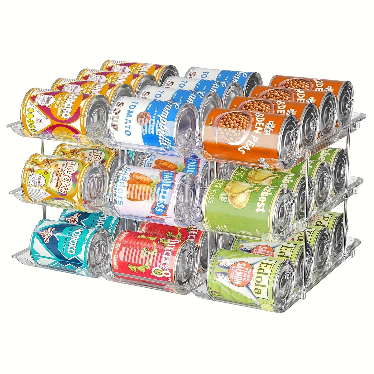 Can Organizer Rack for Fridge & Pantry 3-Tier Stackable Rolling Soda Can Dispenser Clear Plastic Space-Saving Canned Food Storage — 1 or 3 Sets