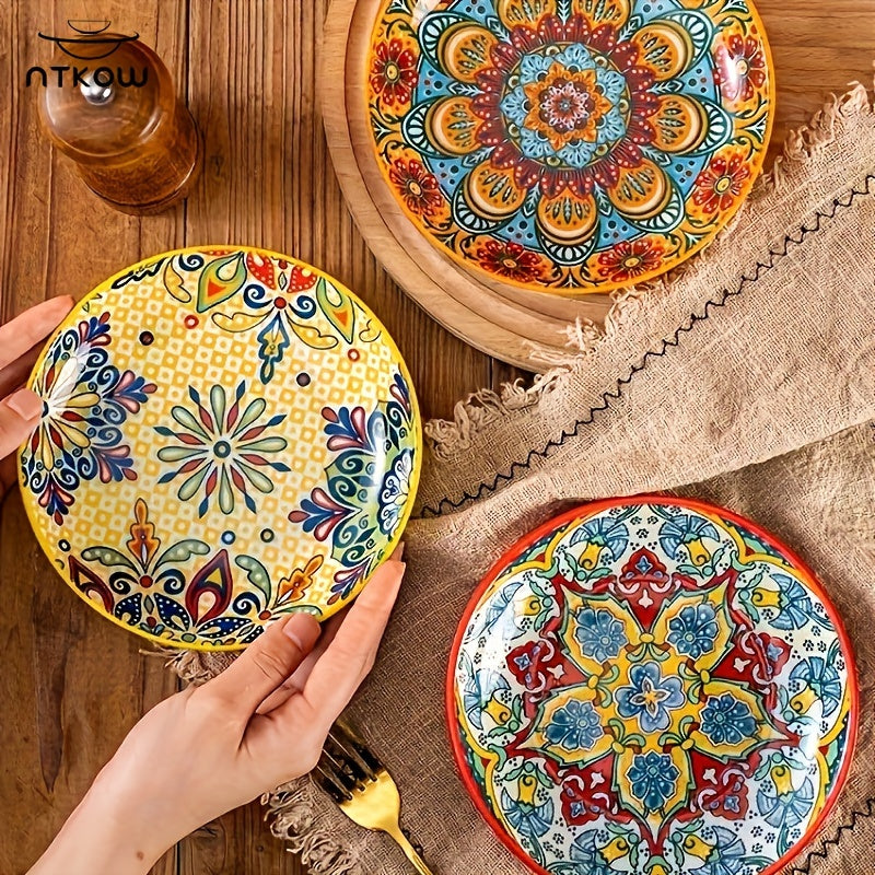 Bohemian Underglaze Ceramic Plate Set 6-Piece – 6 Inch Hand-Painted Shallow Plates for Fruits, Appetizers & Side Dishes | Lightweight & Microwave Safe Boho Dinnerware