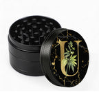 Manual Spice & Herb Grinder with Pollen Catcher - Personalized A-Z Initial Letter Metal Crusher, Portable 2 Inch Golden Marble Alphabet Design, Gift for Smokers & Herb Lovers (Black)