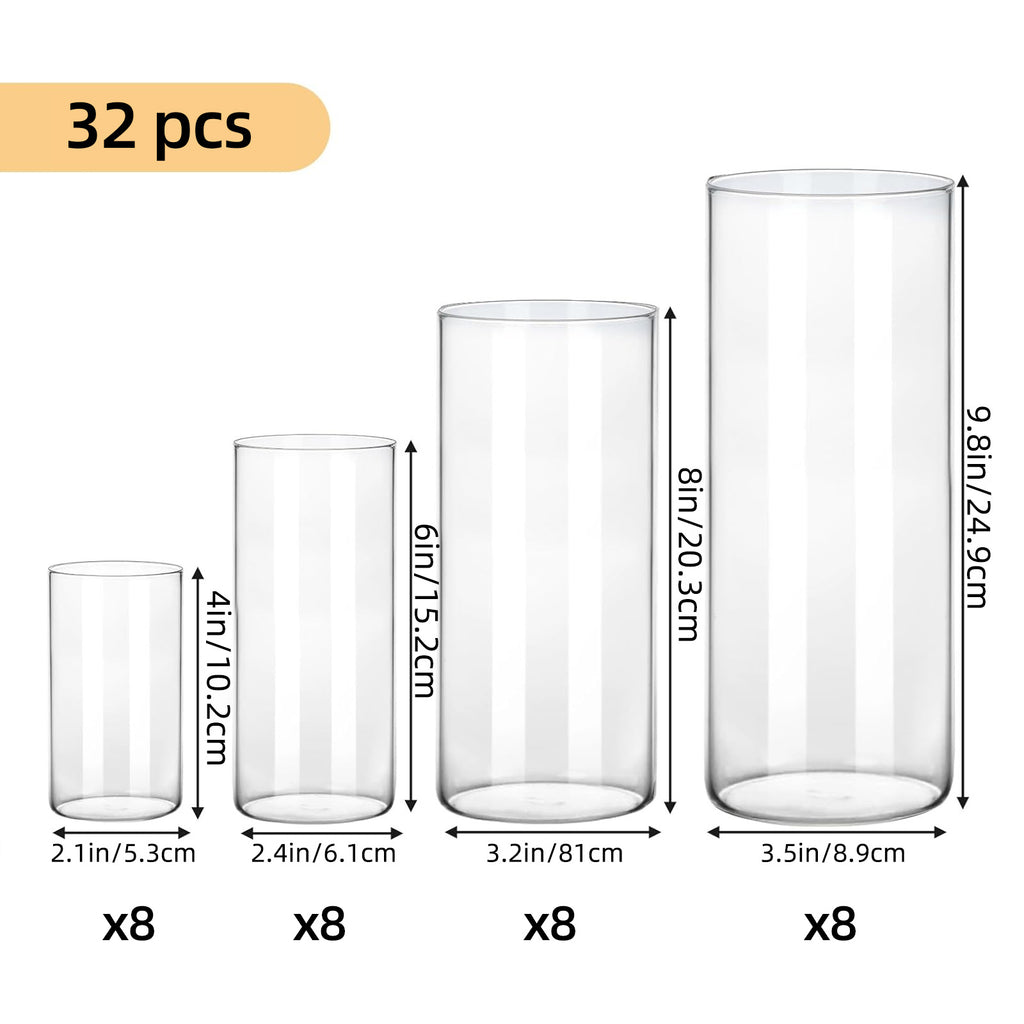 WHONLINE 16pcs Clear Glass Cylinder Vases 4 Sizes (4"/6"/8"/10") – Tall Transparent Vase Set for Wedding Centerpieces, Party Tables, Hurricane Floating Candle Holders, Home & Office Decor