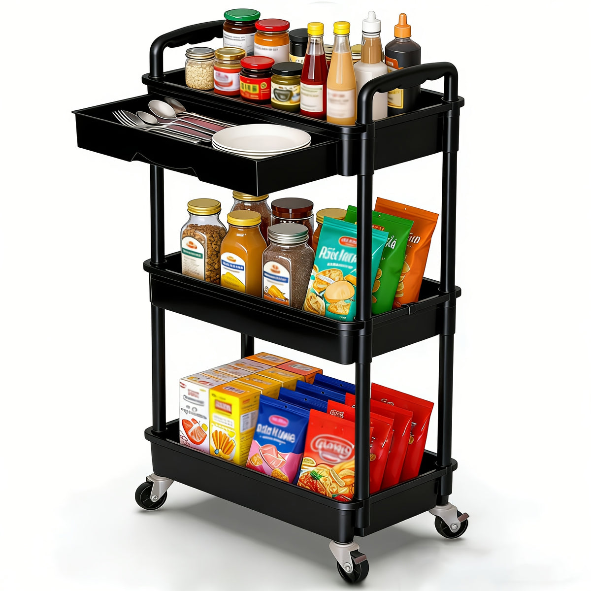 3/4-Tier Rolling Storage Cart with Drawers – Plastic Organizer with Lockable Wheels, Cup Holder & Hooks | Kitchen, Bathroom, Bedroom & Laundry Room